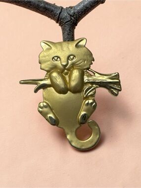 Gold tone Cat Brooch Pin - Whimsical Cat on Branch